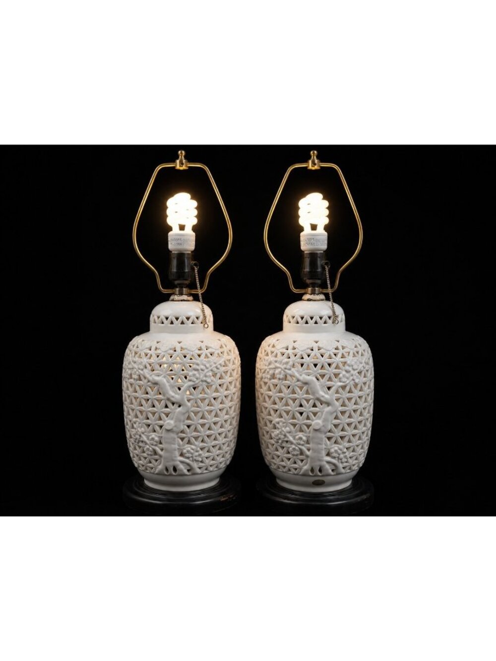 1950s Blanc De Chine Seyei Ginger Jar Lamps Reticulated Porcelain Cherry Blossom